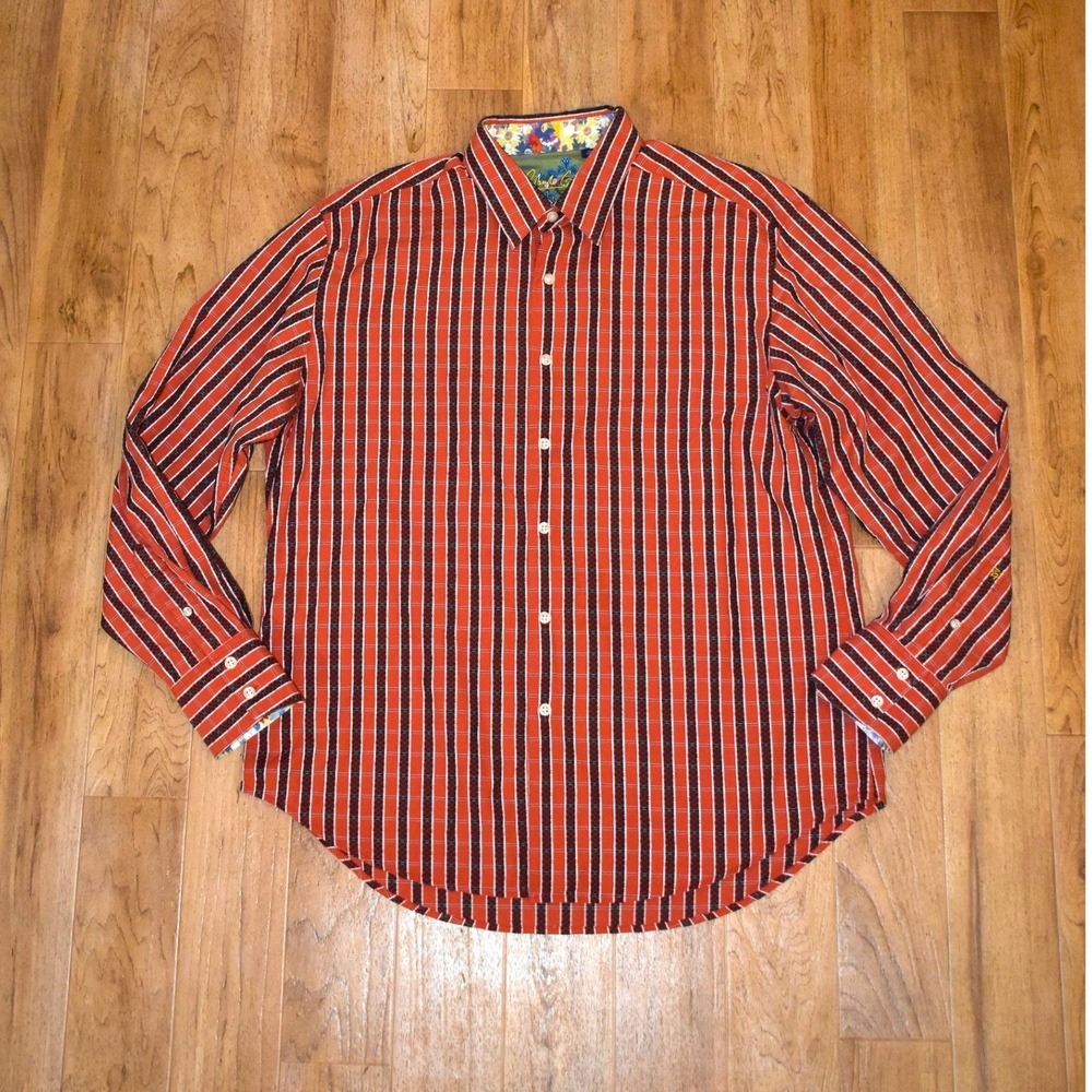 Robert Graham Shirt Mens XL Orange Striped Excellent Floral Back Embroidery - Picture 2 of 6